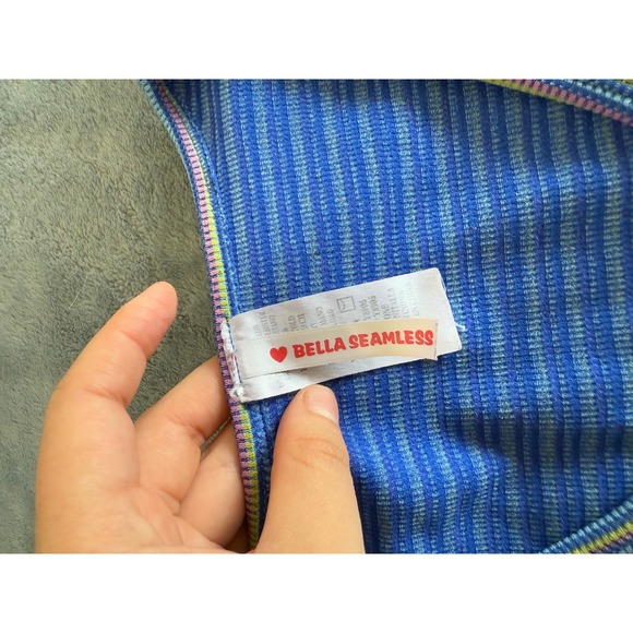 Bella Seamless Striped Ribbed Cropped Top  Blue Green Short Sleeve Button Front - Picture 6 of 7